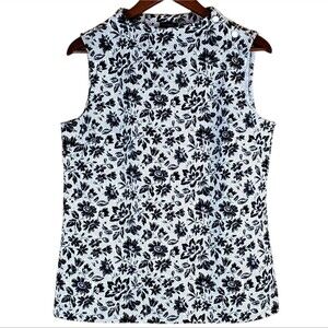 TALBOTS Black White Floral Sleeveless Mock Neck Stretch Knit Top